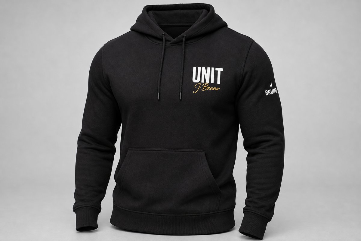 Black UNIT hoodie left chest and sleeve